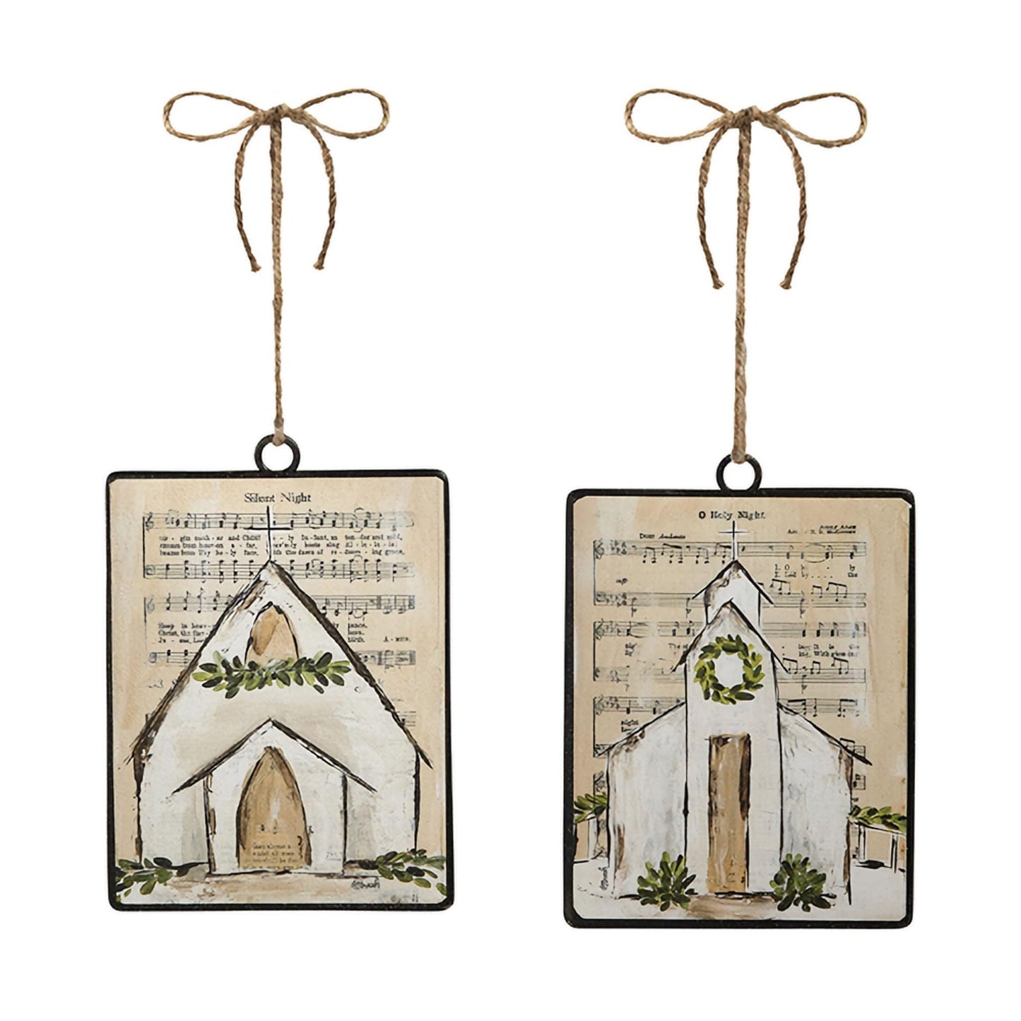 Raz Imports Sheet Music - Silent Night - O Holy Night - White Country Church - 6 x 4.5 Inch Iron Decorative Hanging Christmas Tree Ornament; Set of 2