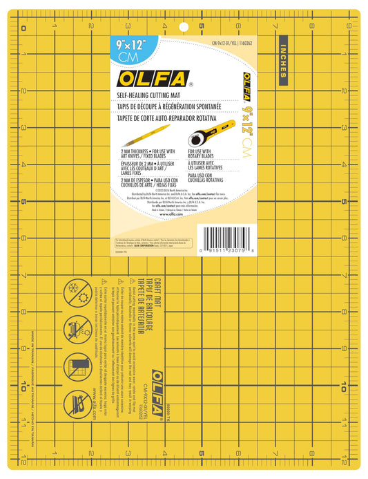 OLFA 9" x 12" Self Healing Double Sided Cutting Mat (CM-9X12-01/YEL) - Double Sided 9x12 Inch Cutting Mat with Grid (Yellow)