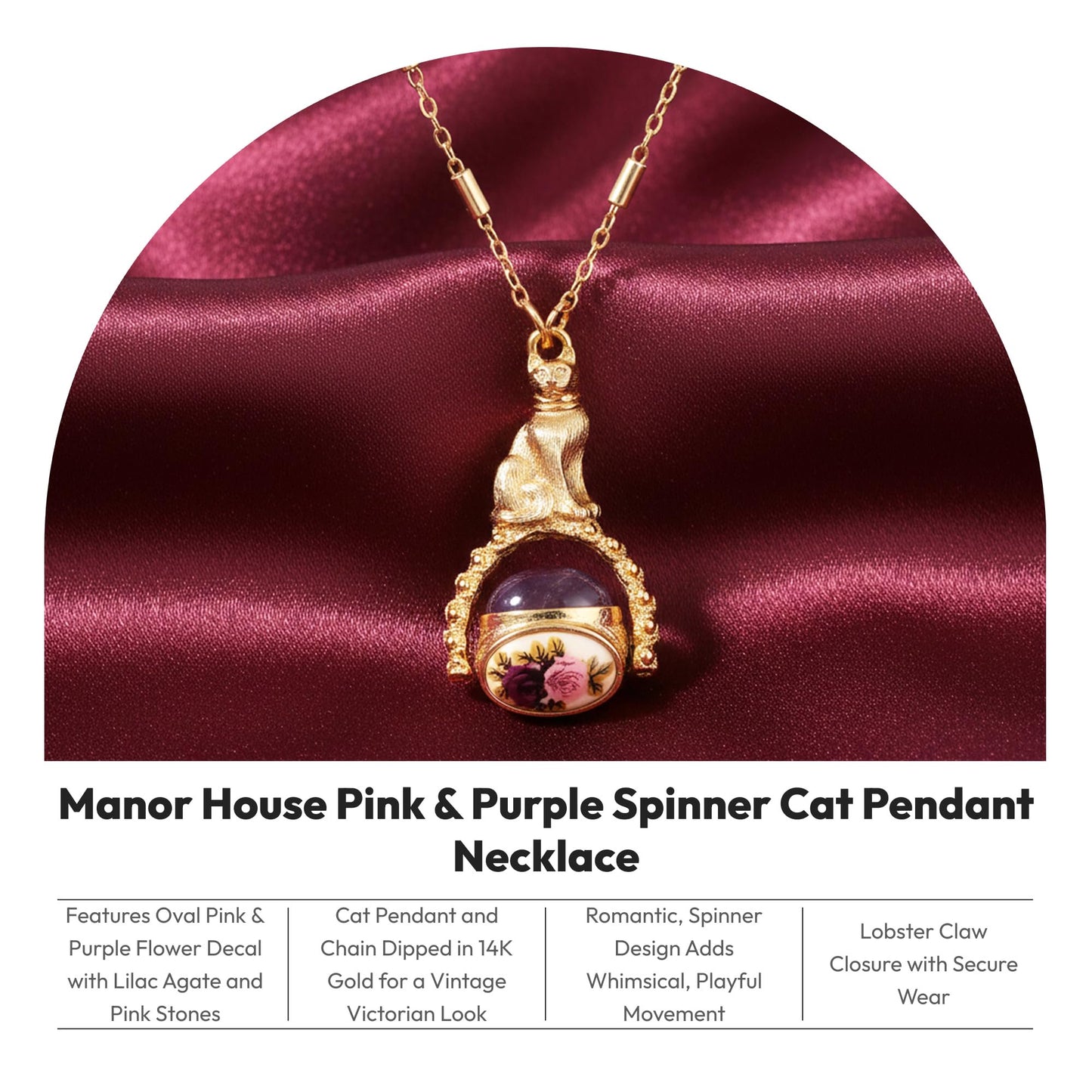 1928 Jewelry Manor House Pink & Purple Stone Spinner Cat Pendant Necklace 30", Romantic Roses Vintage Victorian Inspired Aesthetic, 14K Gold Dipped, Made in USA