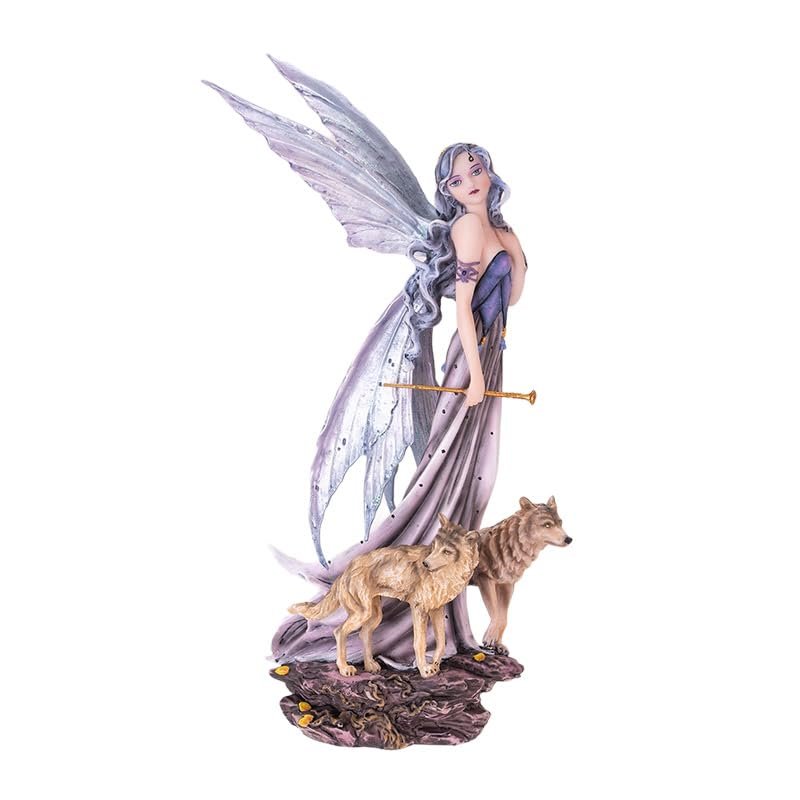 Pacific Giftware Moonlight Fairy with Wolves Fantasy Figurine with Glittering Wings and Guardian Wolves Perfect for Nature and Fantasy Decor Collectible Figurine 10 Inches Tall