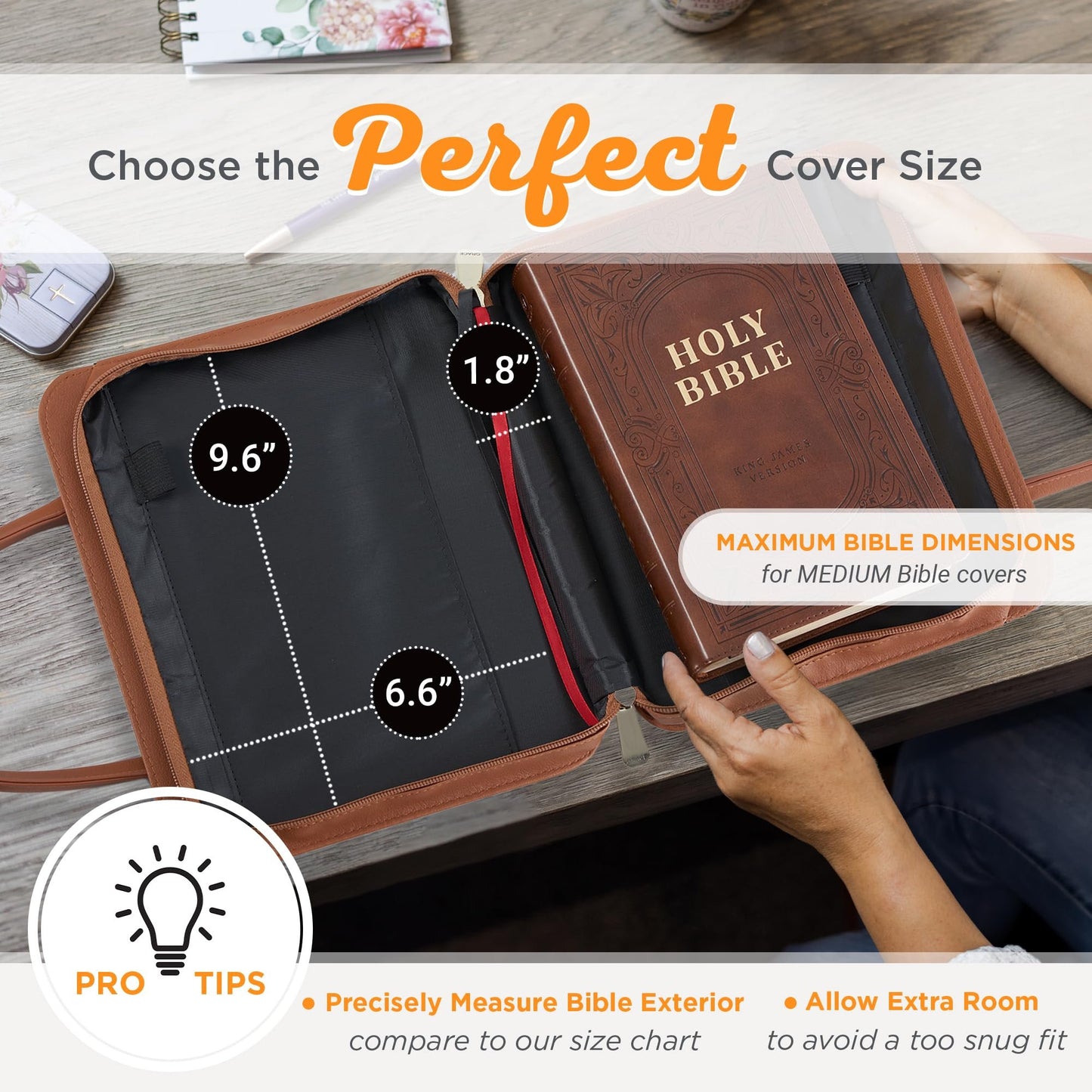 Christian Art Gifts Fashion Vegan Leather Purse Style Bible Cover Case for Women: All Things Through Christ Gold Scripture, Pen Loops, Two Handles, Pockets, Navy Blue & Brown Floral