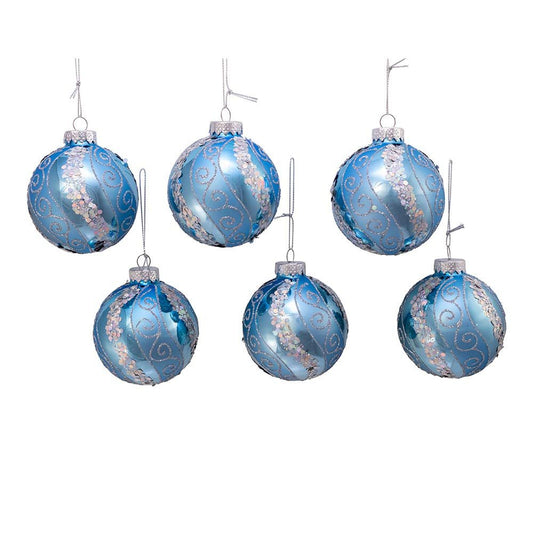 Kurt Adler 80MM Silver Blue with Glitter and Sequins Glass Ball Ornaments, 6 Piece Box