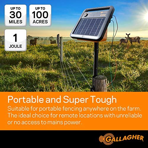 Gallagher S100 Solar Electric Fence Charger | Powers Up to 30 Mile / 100 Acres of Fence | Low Impedance, 1.0 Stored Joule Energizer | Battery Saving Technology | Solar Battery & Leadsets Included