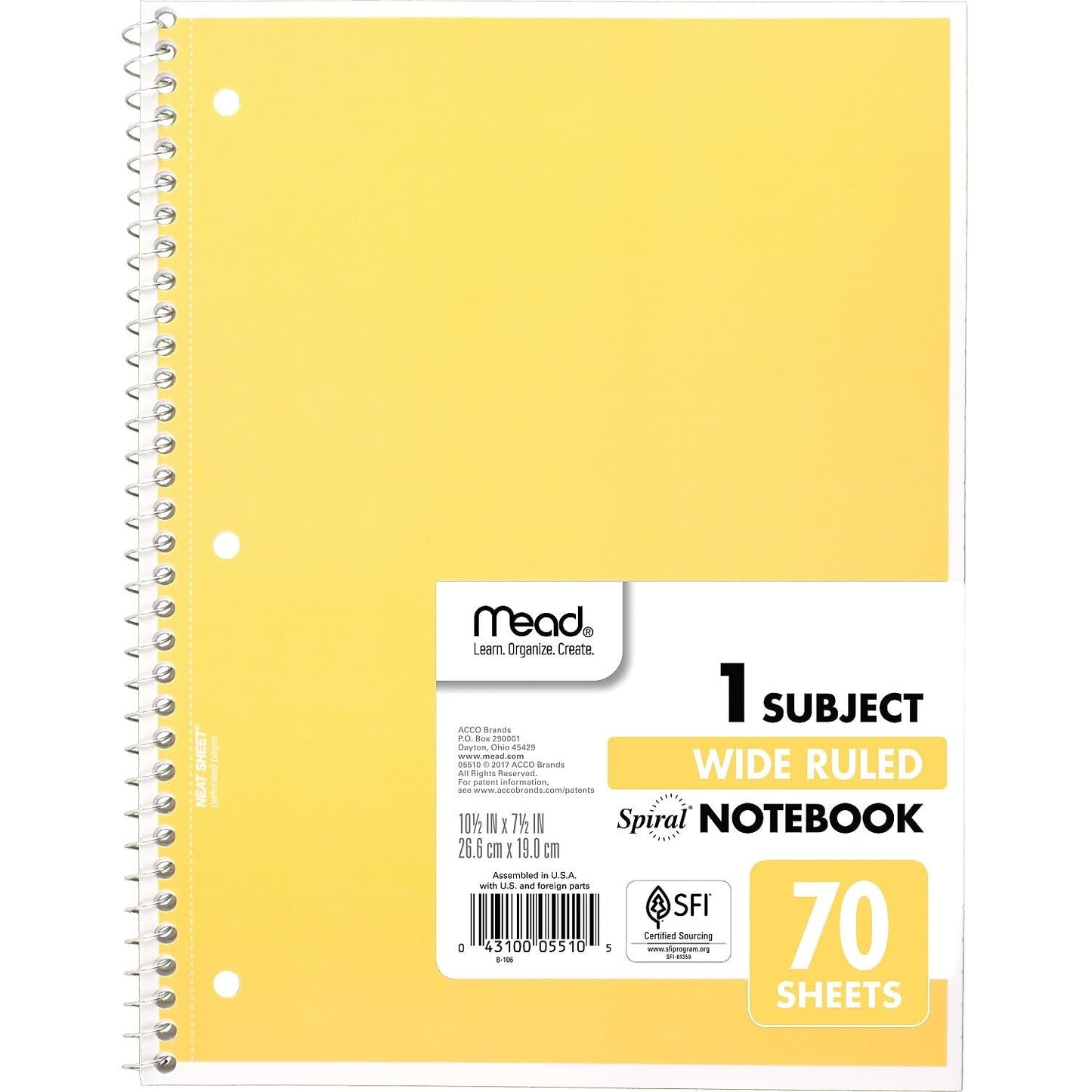Mead Spiral Notebook, 1-Subject, Wide Rule, 70 Sh, 10-1/2"x8", Ast. - Pack of 1
