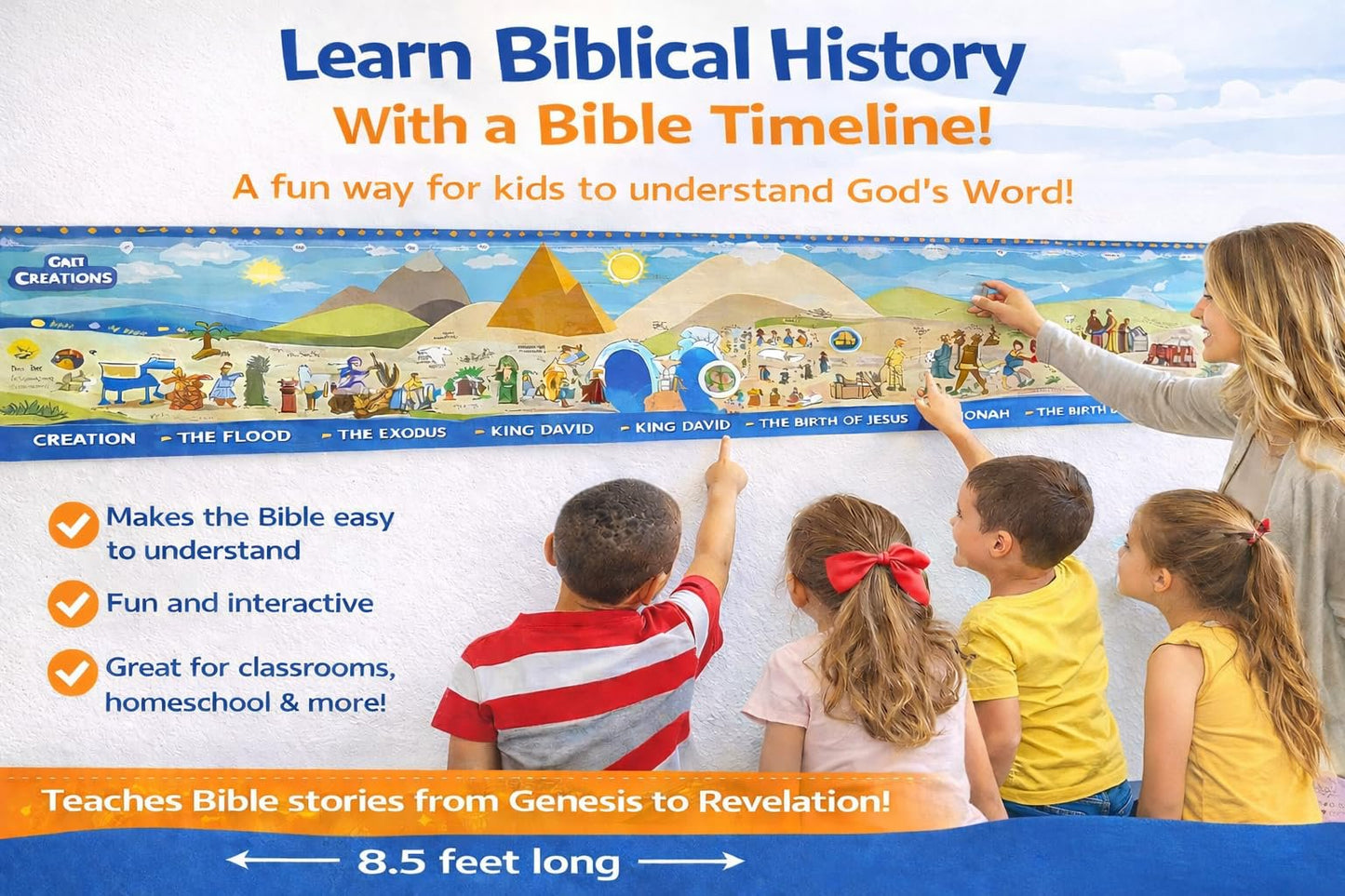 Beersheba Bible Story Timeline Wall Chart Poster for Kids – 8.5 Feet Long Illustrated Bible History Events for Children's Ministry Classroom including Old and New Testament Stories (12" x 102")