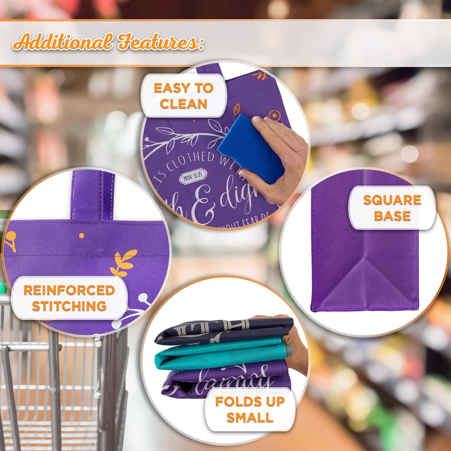 Christian Art Gifts Large Reusable Shopping Tote Bags for Women & Men, Inspirational Scripture, Sturdy Handles, Multicolor