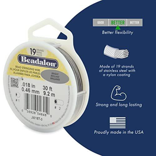 Beadalon 19 Strand Bead Stringing Wire - Beading & Jewelry Making Supplies, Flexible Stainless Steel Nylon Coated Thin String for Bracelets & Necklaces