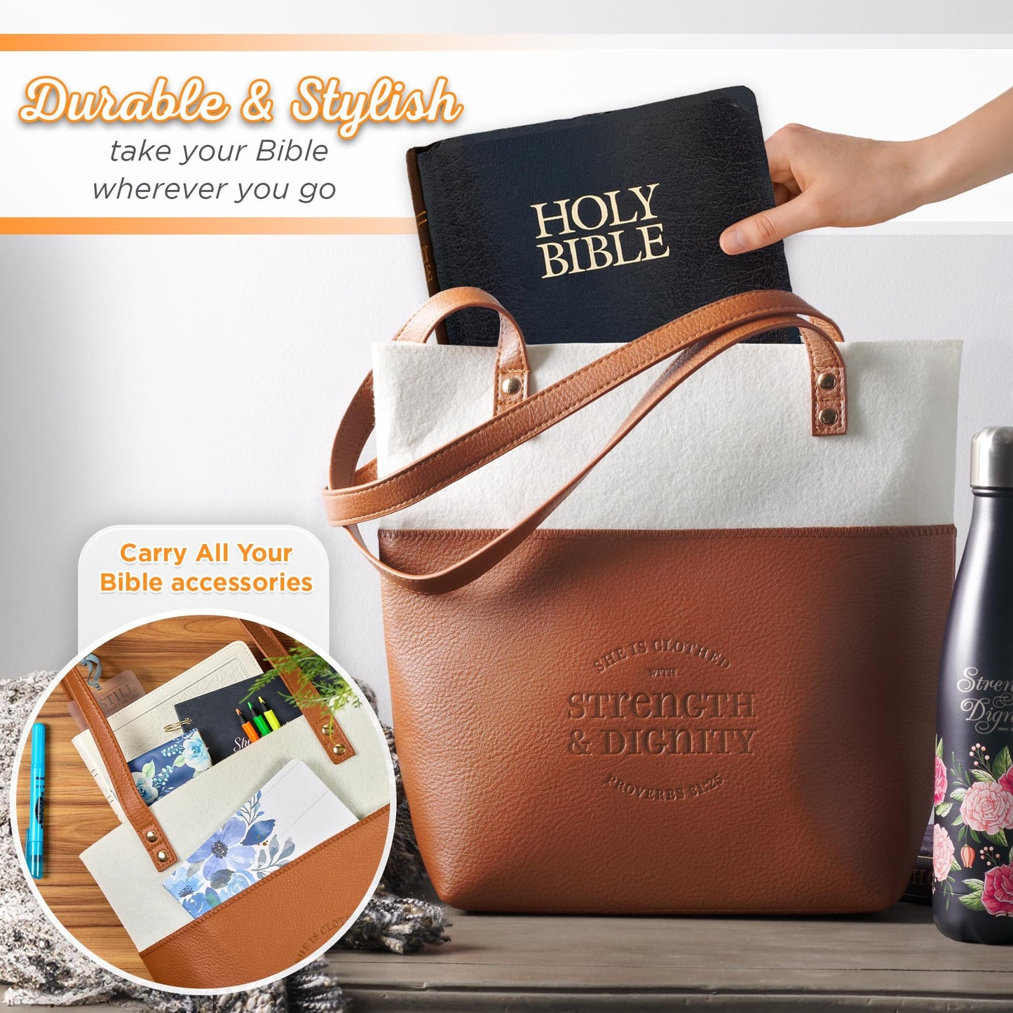 Christian Art Gifts Felt and Faux Leather Fashion Bible Cover Tote Bag with Inspirational Scripture, One Size