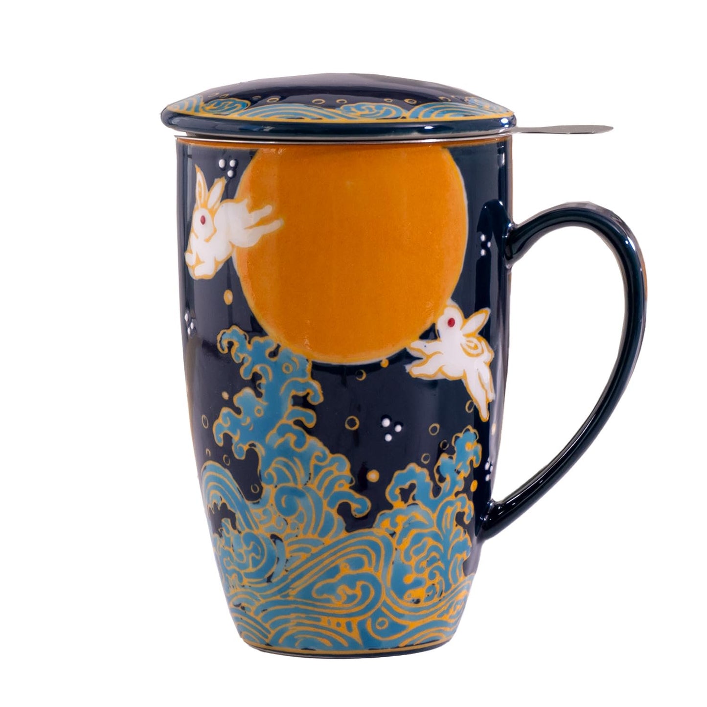 Urban Tokyo Tea Mug With Lid and Stainless Steel Infuser For Loose Leaf Tea Bag Tea Cup 15oz Porcelain Hot Beverage Everyday Use Home Office (Moon Rabbit)