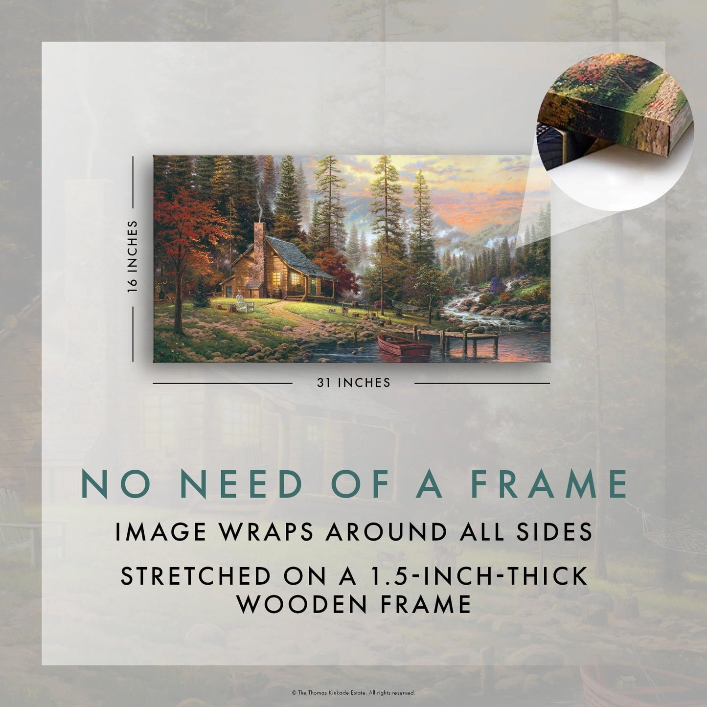 Thomas Kinkade A Peaceful Retreat 16" x 31" Gallery Wrapped Canvas Art | Frameless Room Wall Art | Certificate of Authenticity Included