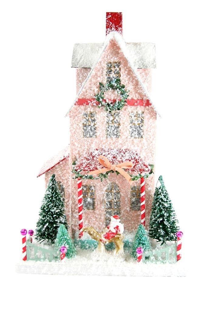 Cody Foster & Co Snowy Pink with Santa Figure Christmas Mantel House, Multicolor