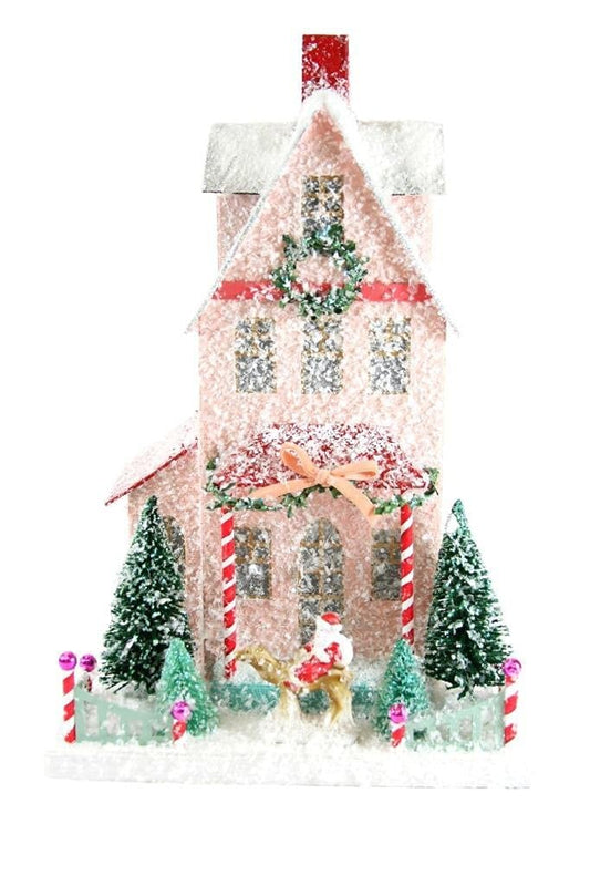 Cody Foster & Co Snowy Pink with Santa Figure Christmas Mantel House, Multicolor