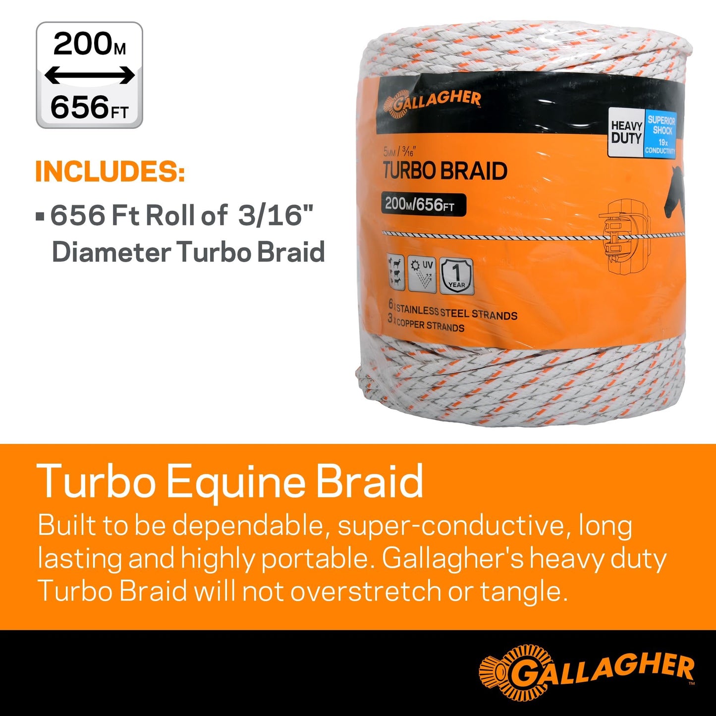 Gallagher Electric Fence Turbo Equine Braid | Heavy Duty Horse Fencing | 656 Foot | Superior Conductivity | Extreme Power | for Portable or Semi Permanent Fences | UV, Rust Resistant | 3/16" Diameter