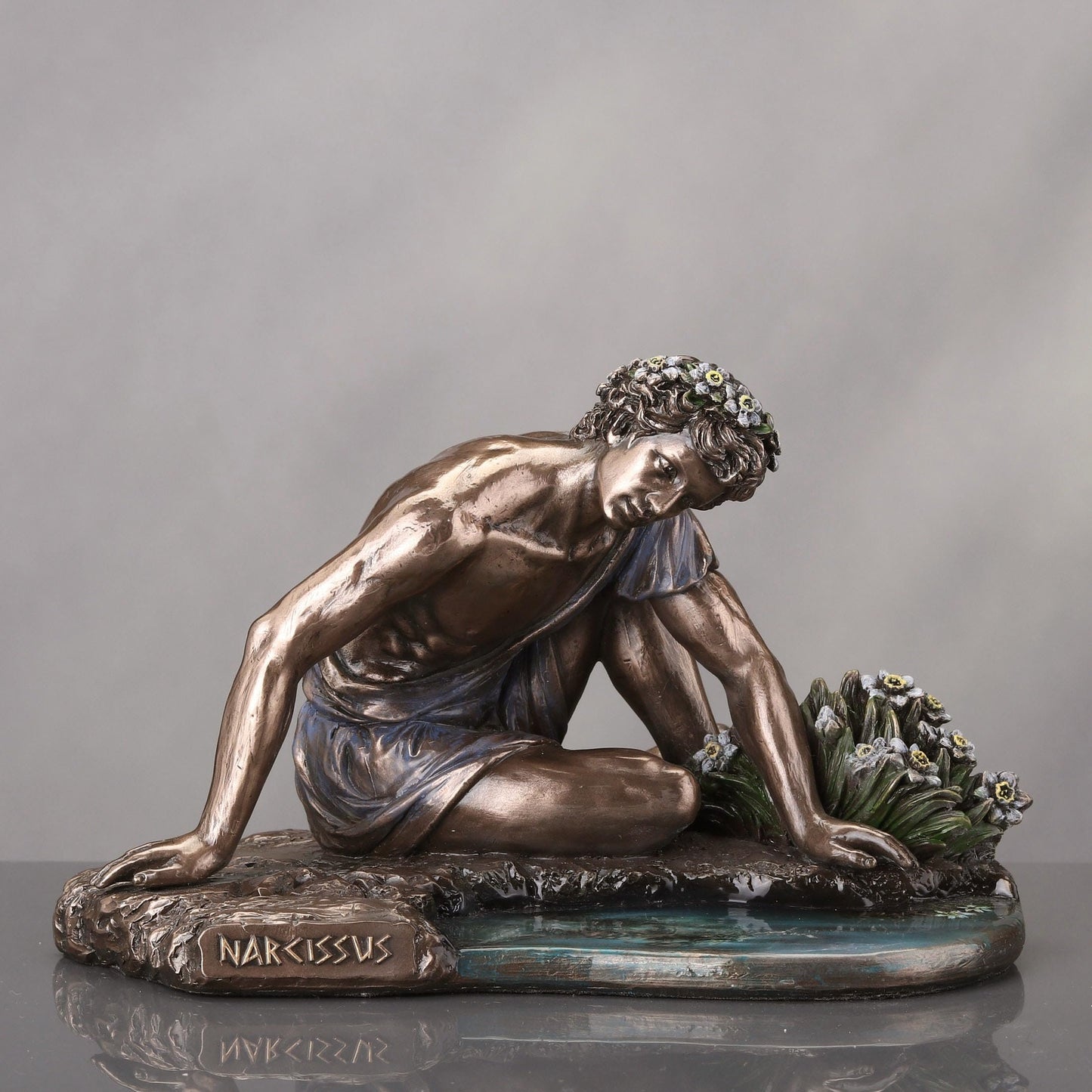 Veronese Design 6 3/4 Inch Narcissus and his Reflection Cold Cast Resin Bronze Finish Sculpture