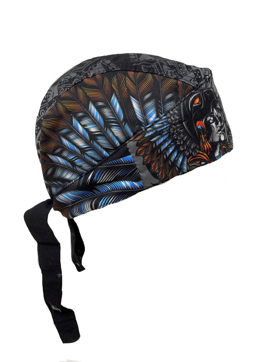 Platinum Biker Doo Rag Durag Headwrap Black Aztec Mayan Inca Mexico Mexican Indian Chief Feathers Headdress Sweatband