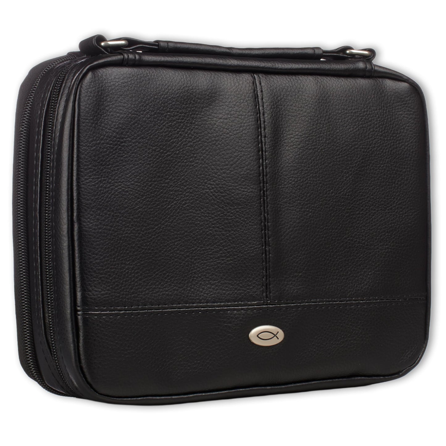 Christian Art Gifts Brown Faux Leather Bible Cover for Men and Women | Ichthus Jesus Fish Emblem Zippered Two-Fold Organizer Case for Bible or Book w/Handle Small Thinline