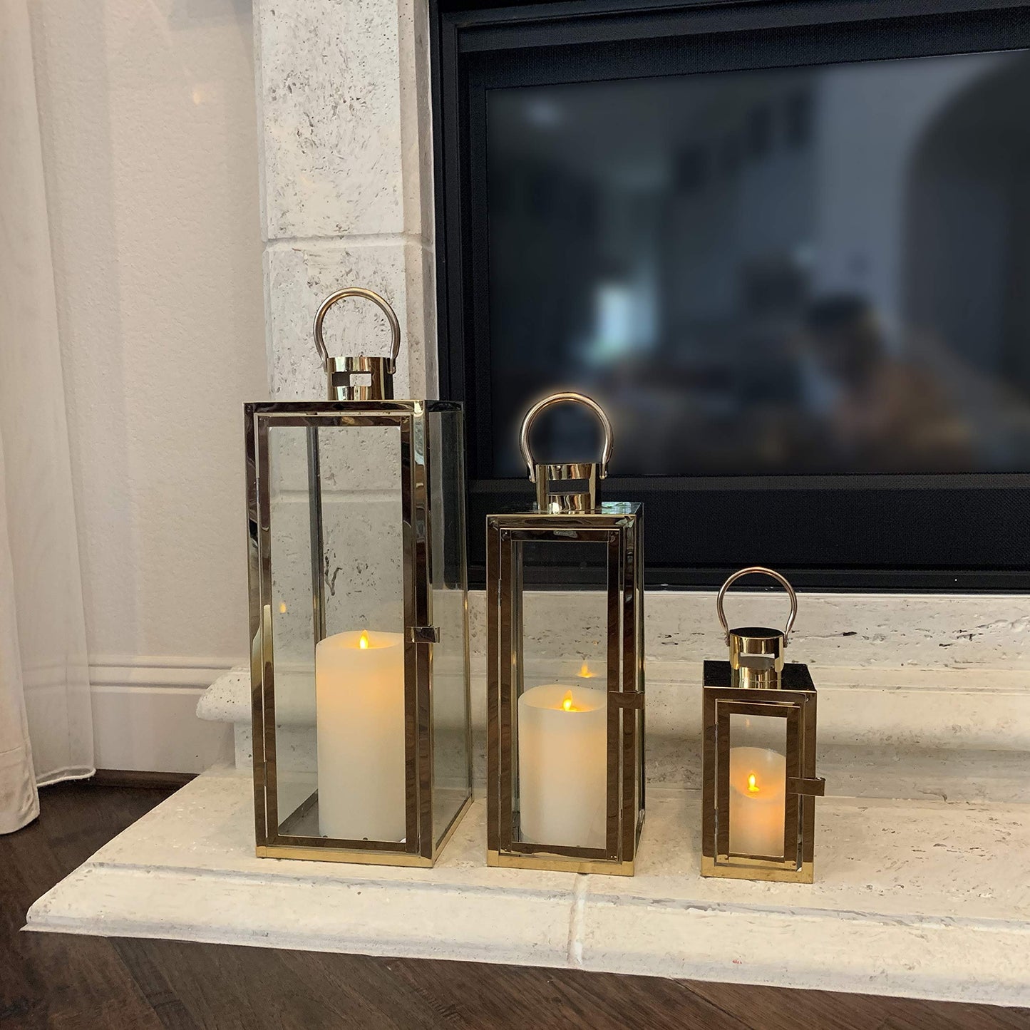Allgala Lantern Set 3-PC Jumbo Deluxe Modern Indoor/Outdoor Candle Lantern Set with Chrome Plated Structure and Tempered Glass for Garden Poolside Fireplace Wedding