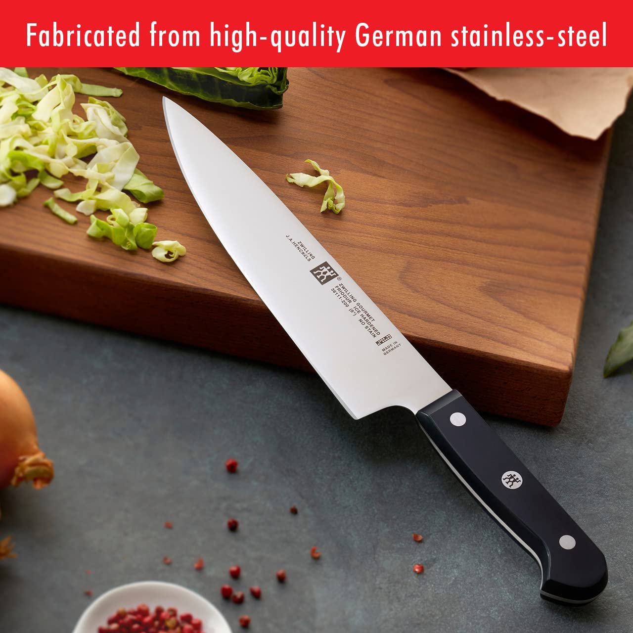 ZWILLING Gourmet 8-inch Chef’s Knife, Kitchen Knife, Black, Stainless Steel