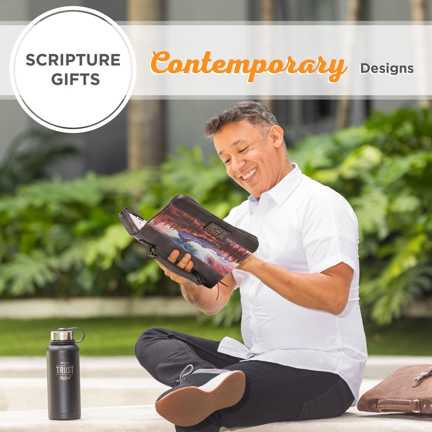 Christian Art Gifts Classic Faux Leather Bible Cover: Be Still and Know - Psalm 46:10 Inspirational Bible Verse with Majestic Valley and Mountains, Charcoal/Gray