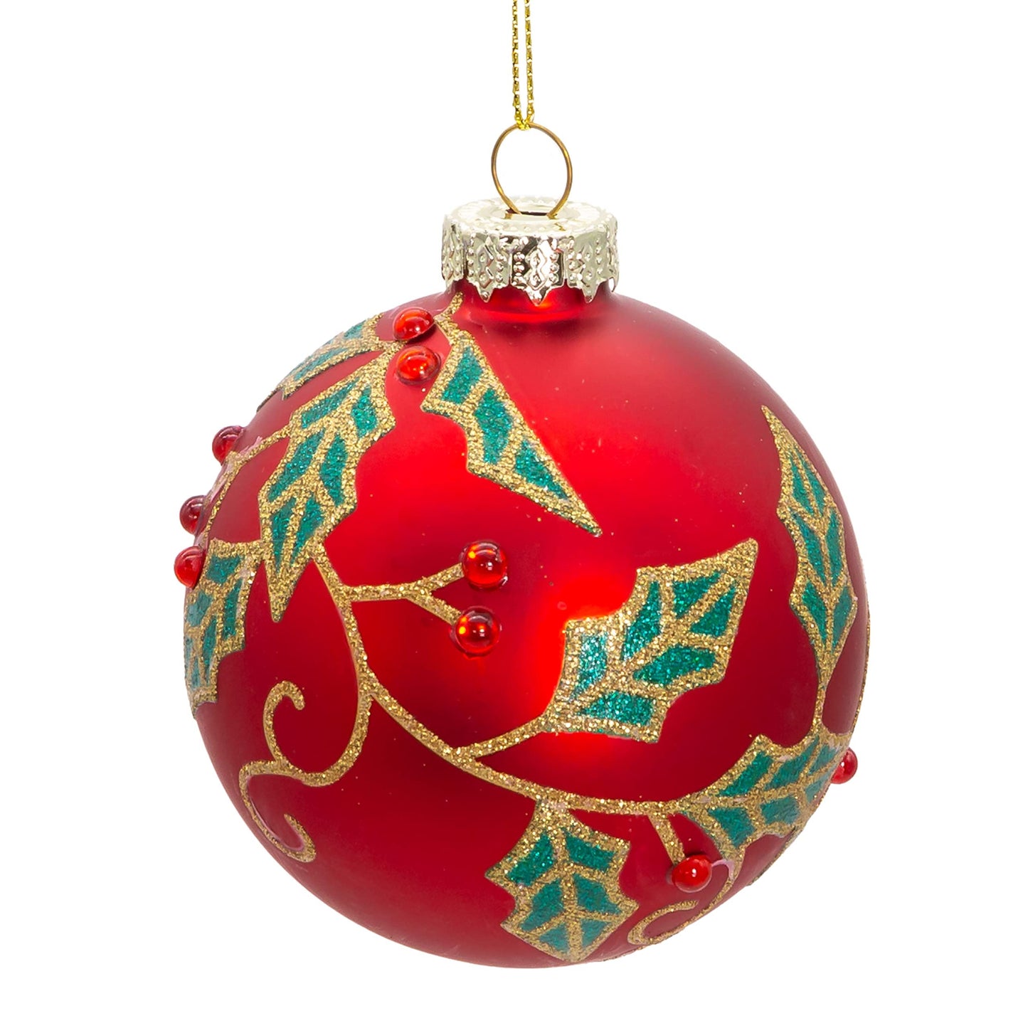 Kurt Adler 80MM Glass Red Berry and Holly Leaves 6-Piece Ball Ornament Set