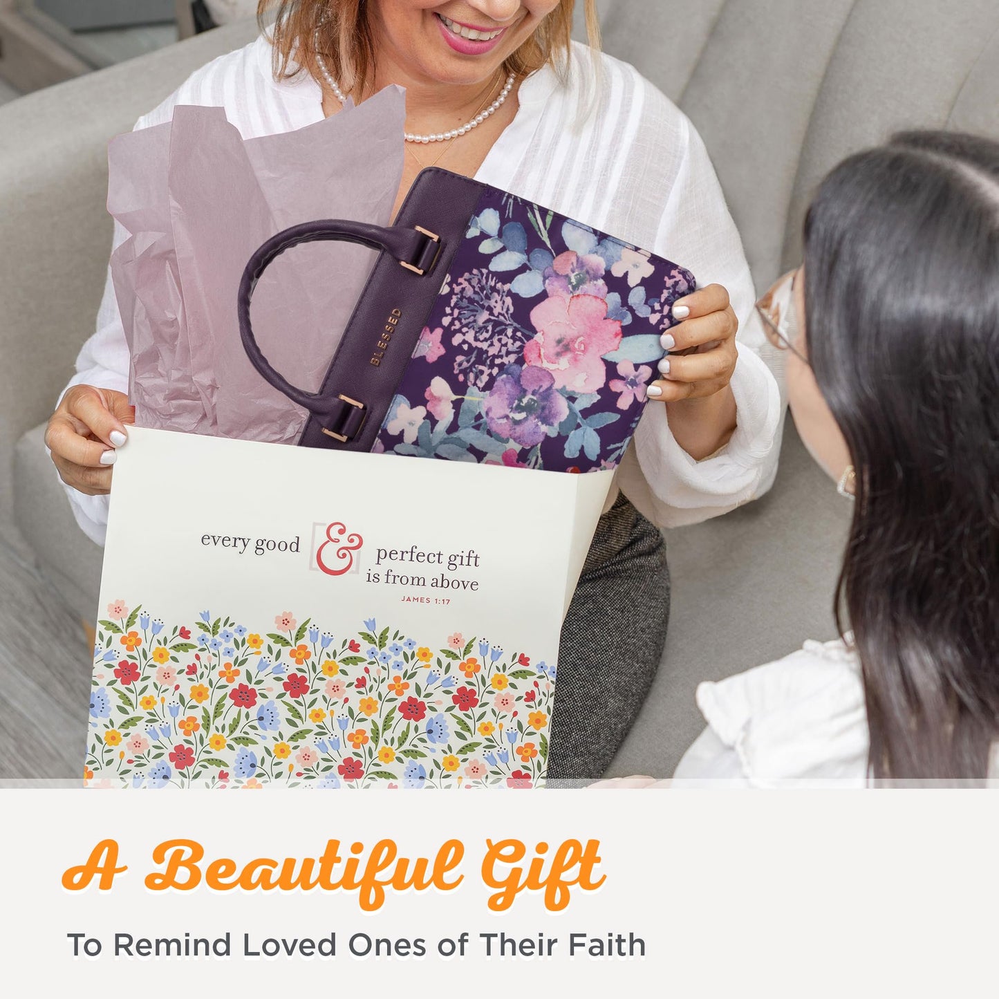 Christian Art Gifts Women's Fashion Bible Cover Purse Style Blessed, Purple/Pink Floral Faux Leather