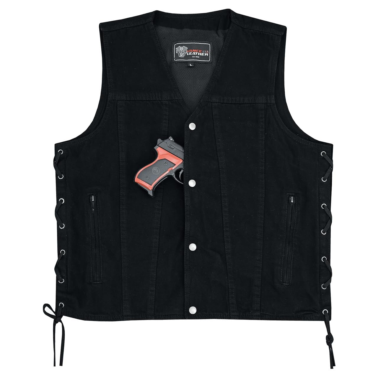 Vance Men's V-Neck Denim Vest for Motorcycle Riders with Conceal Carry Pockets