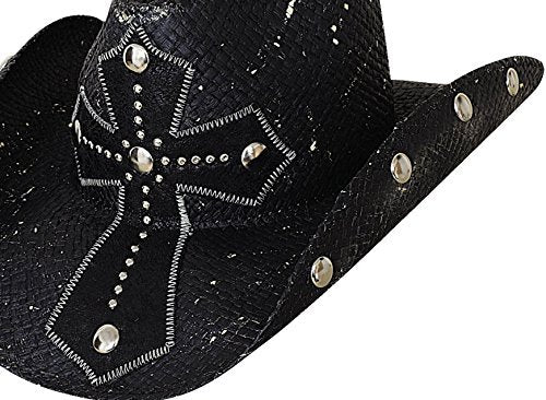Bullhide No Mercy Panama Straw Western Hat with Leather Cross and Studded Brim