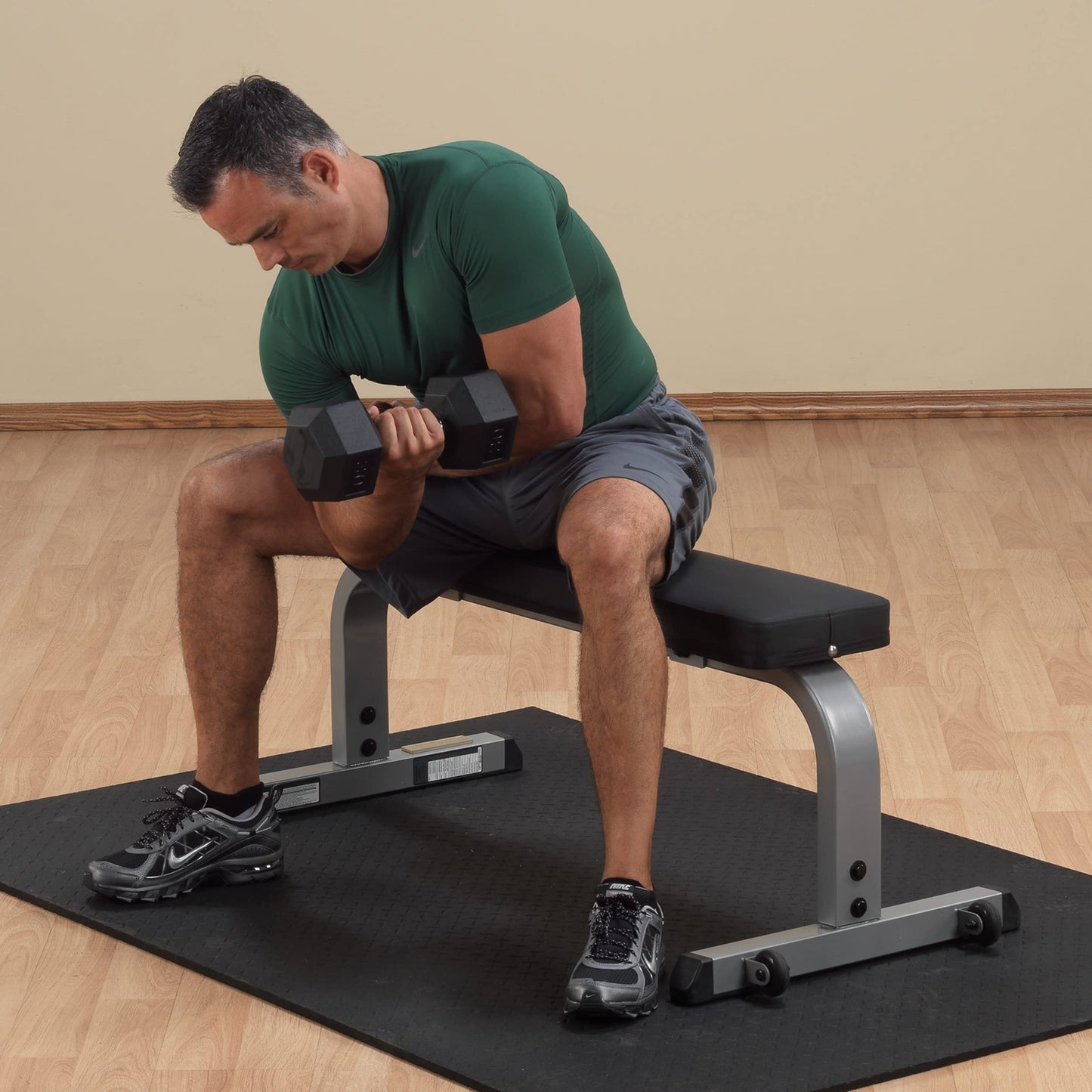 Body-Solid (GFB350B) Adjustable 600 lbs. Capacity Flat Utility Weight Bench for Strength Training, Stretching, Ab Exercises, and Dumbbell Curls, Black