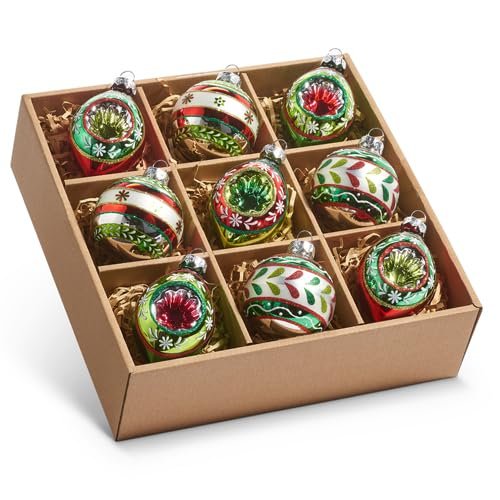 Raz Imports Box of Vintage Hanging Ornaments, Set of 9, Christmas Holiday Decor