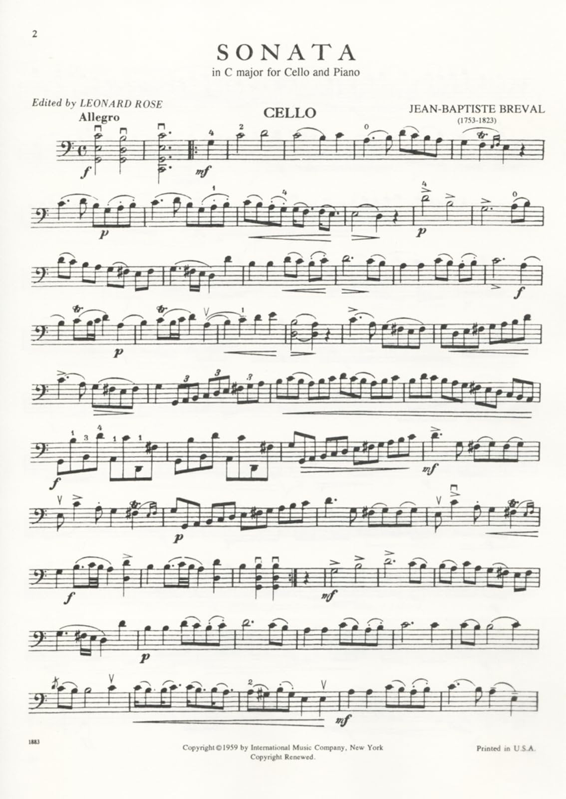 Brevel Sonata in C Major for Cello and Piano (Schroeder-rose)