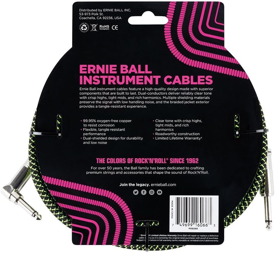 Ernie Ball Braided Instrument Cable Set Straight/Angle Length 25ft in Neon Green/Black (P06066) - Pack of 2