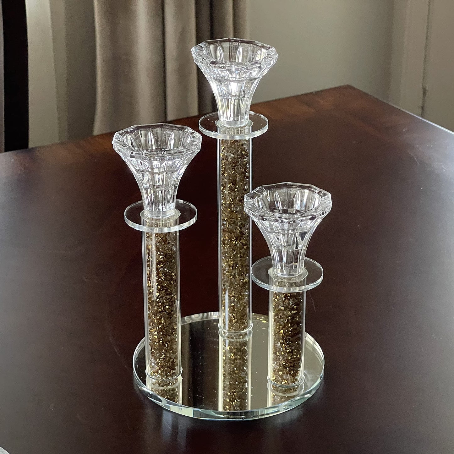 Allgala 9 Inch Tall 3-Pillar Filled with Diamond Like Stone Filled Crystal Candlesticks with Mirror Base
