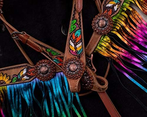 Showman Feather, Sunflower & Cactus Headstall & Breast Collar Set w/Metallic Rainbow Fringe