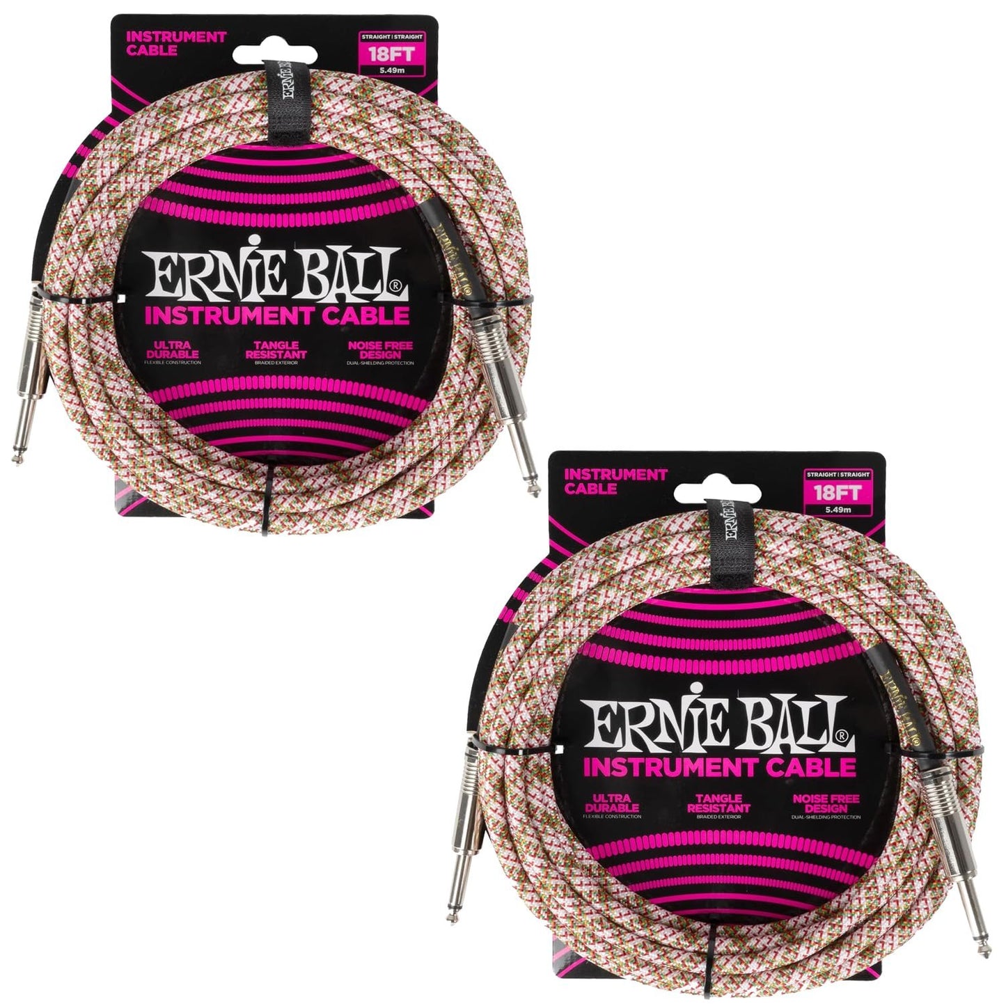 Ernie Ball Braided Instrument Cable Set Straight/Straight Length 18ft in Emerald Argyle (P06430) - Pack of 2