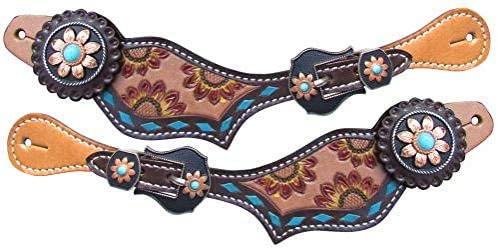 Showman Ladies Hand Painted Sunflower Spur Straps w/Turquoise Buckstitch