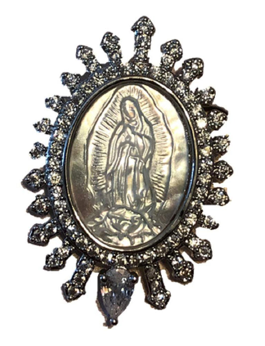 Roman 1.5" Our Lady of Guadalupe Madonna Grace Oval Silver Tone Brass and Glass Brooch Pin Pendant 13424