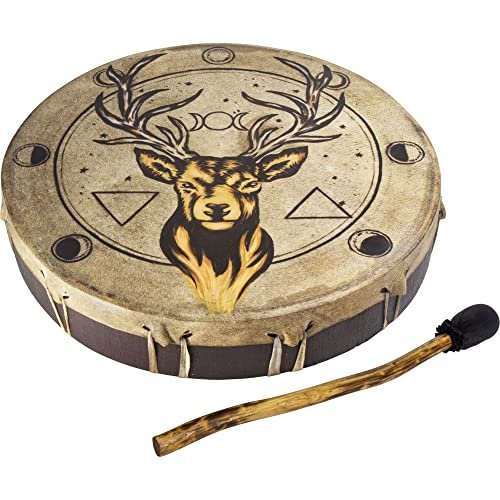Ceremonial Frame Drum - Stag with Moon Phases, 12" diameter, includes beater, Handmade & painted by artisans in Bali
