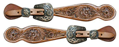 Showman Ladies Floral Tooled Leather Spur Straps w/Engraved Antique Brass Buckles