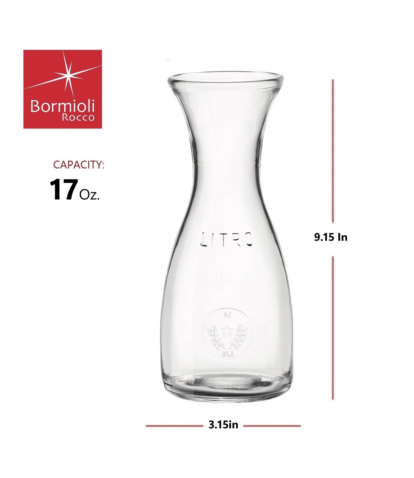Bormioli Rocco Misura PZ Wine Carafe. Wide Mouth Clear Glass Pitcher For Water, Juice, Milk, Coffee, Iced Tea Elegant Bistro Style Decanter With Authenticity Stamp Made In Italy