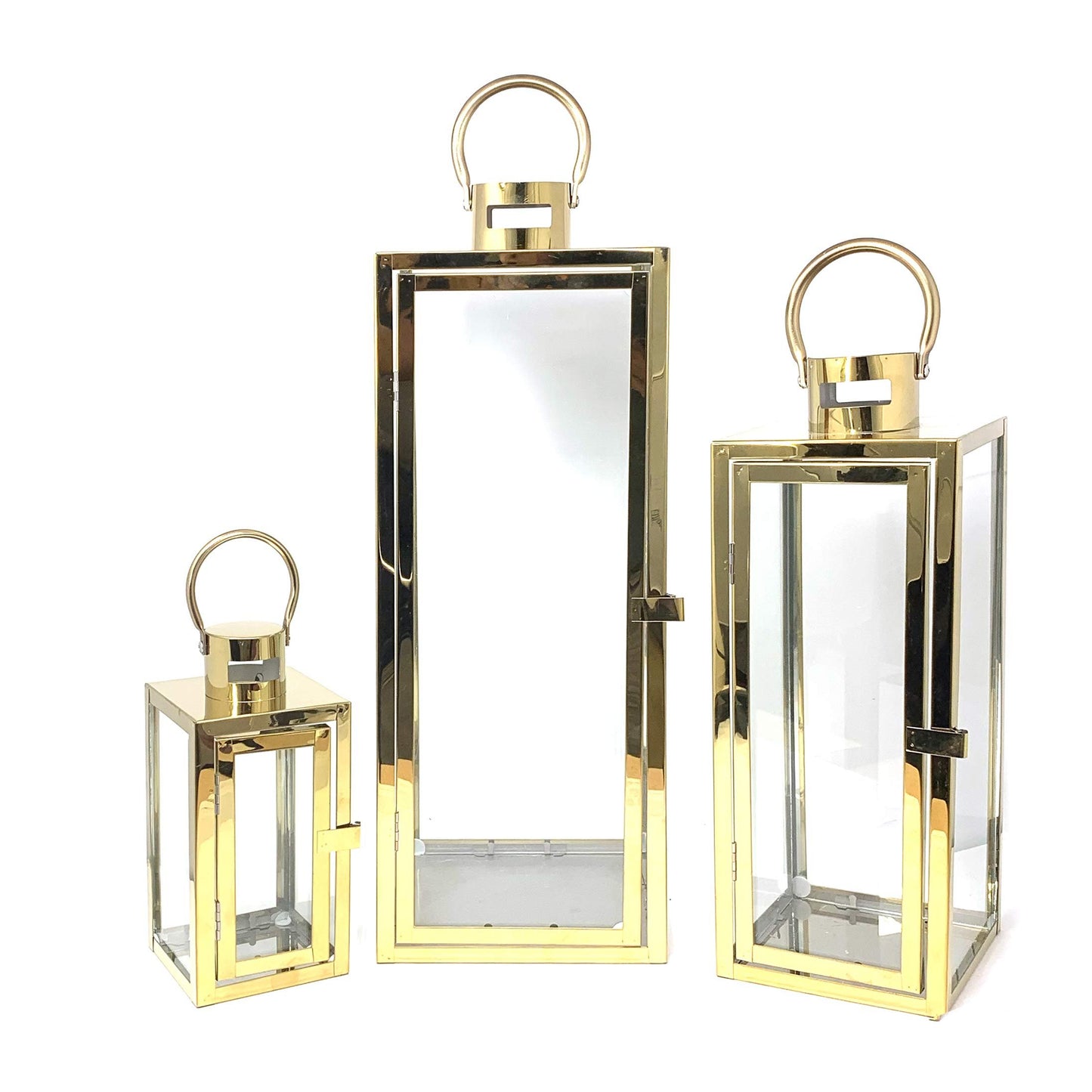 Allgala Lantern Set 3-PC Jumbo Deluxe Modern Indoor/Outdoor Candle Lantern Set with Chrome Plated Structure and Tempered Glass for Garden Poolside Fireplace Wedding