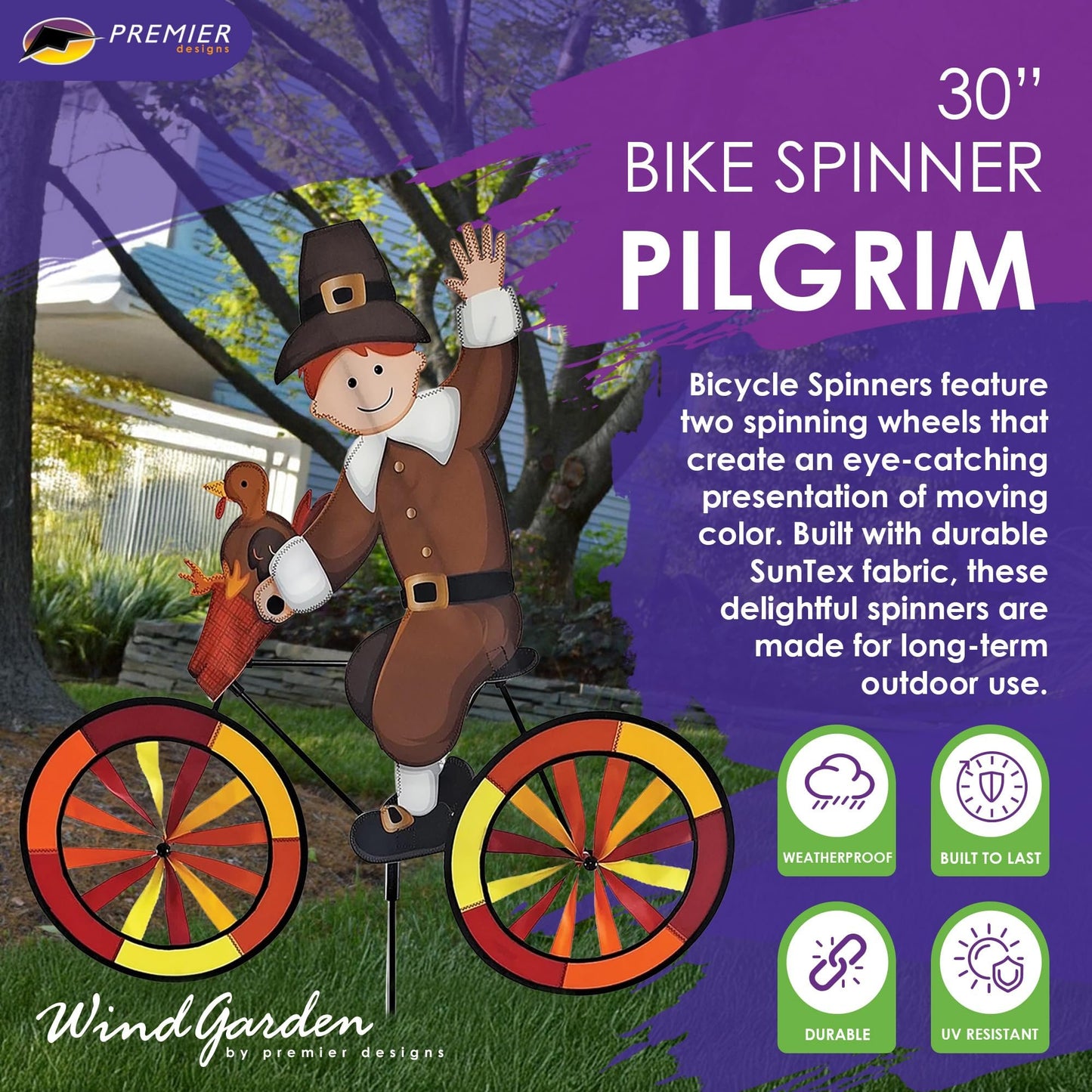 Bike Spinner Pilgrim 30" – Thanksgiving Harvest Design, Weather-Resistant Outdoor Decor, Durable & Lightweight for Patios, Yards, and Gardens - Eye-Catching Wind Spinner with Rotating Wheels