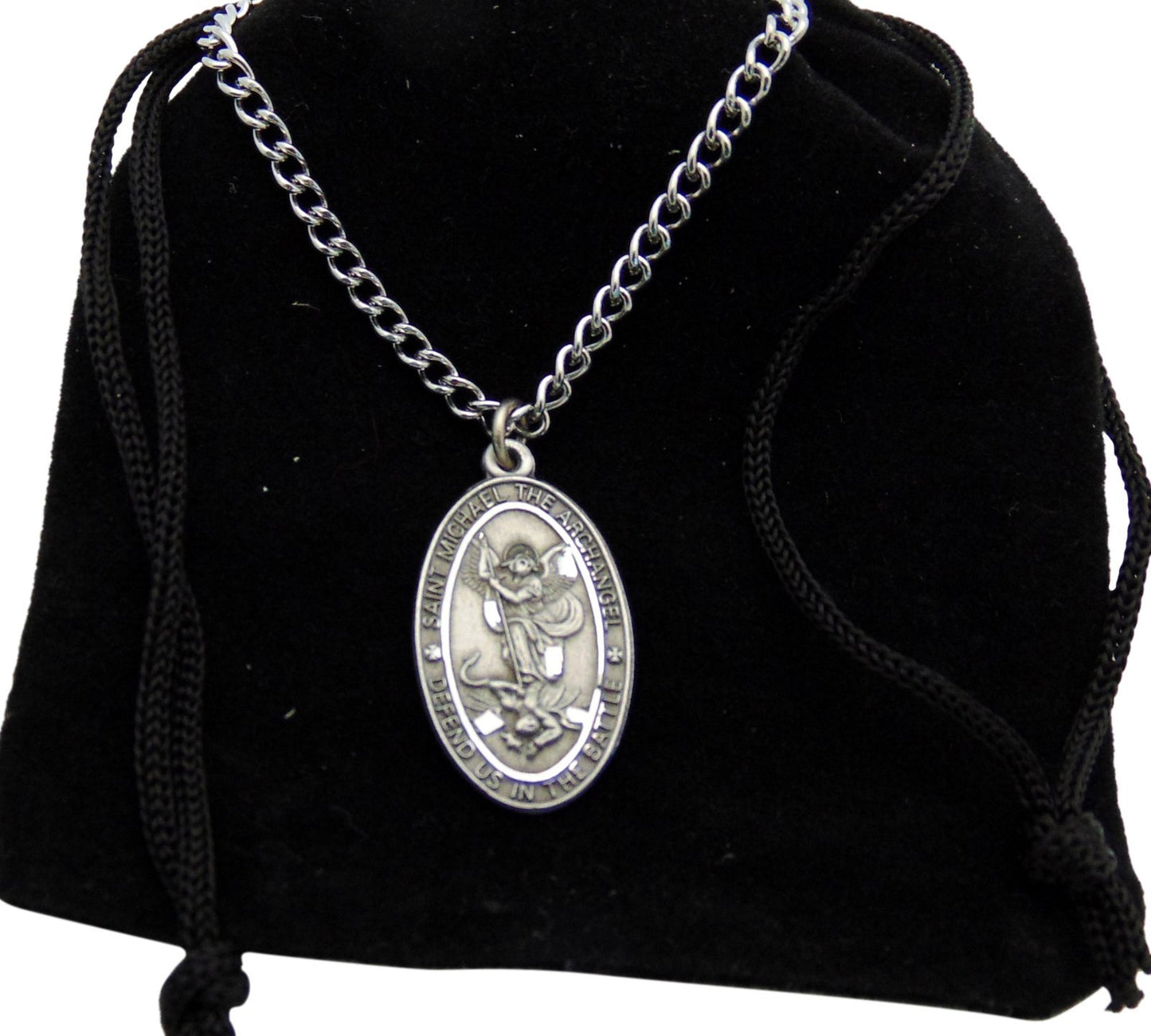 Saint Michael Pewter Medal Oval Pendant 1 Inch on 24 Inch Stainless Steel Chain Gift