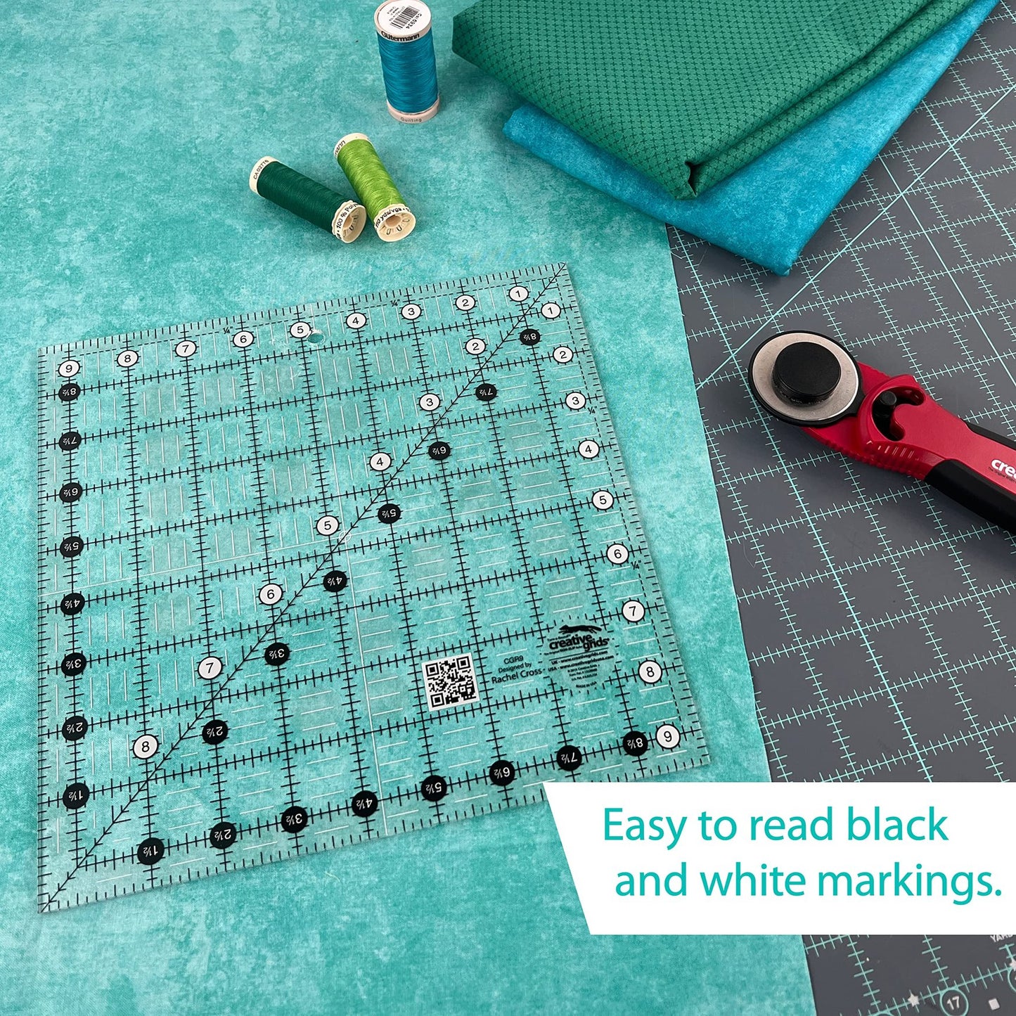 Creative Grids Quilt Ruler 9-1/2in x 9-1/2in Square – CGR9 – Made in USA, Non-Slip Grip Acrylic Quilting, Sewing, Crafting, Patchwork Ruler for Measuring & Cutting Fabric