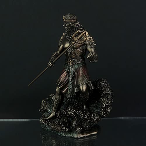 Veronese Design 8" Tall Poseidon Ruler of The Sea Holding Trident Standing On Wave Cold Cast Resin Statue Antique Bronze Finish Sculpture