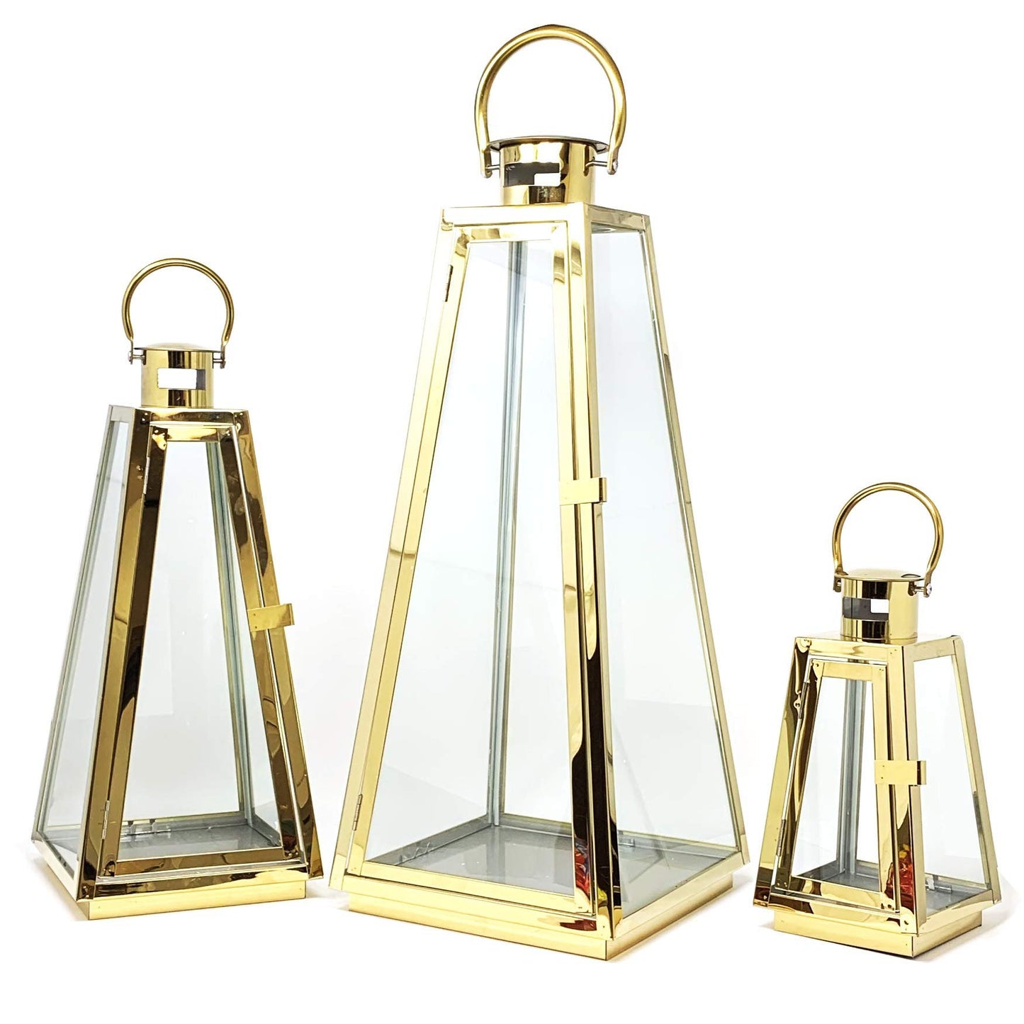 Allgala Lantern Set 3-PC Jumbo Deluxe Modern Indoor/Outdoor Candle Lantern Set with Chrome Plated Structure and Tempered Glass for Garden Poolside Fireplace Wedding