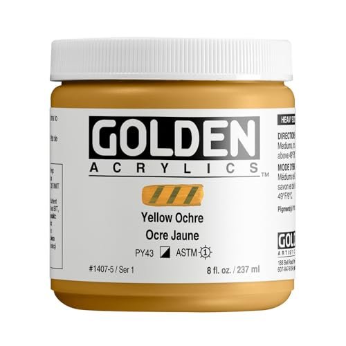 Heavy Body Acrylics by GOLDEN, Yellow Ochre, 8 fl. oz. Jar, Professional Acrylic Paint, Semi-Opaque