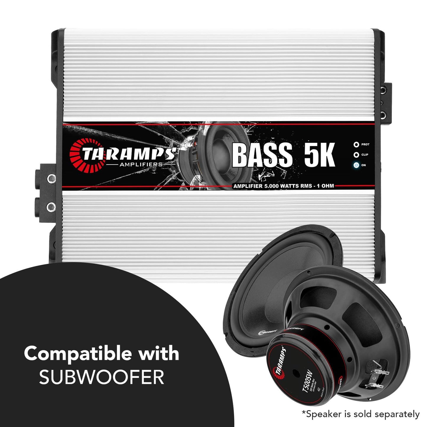 Taramps BASS 5K 1 Ohm 1 Channel 5000 Watts RMS MAX, Full Range Car Audio, Monoblock, LED Monitor Indicator, Class D Amplifier, Crossover, White 5k amp, Sound Quality