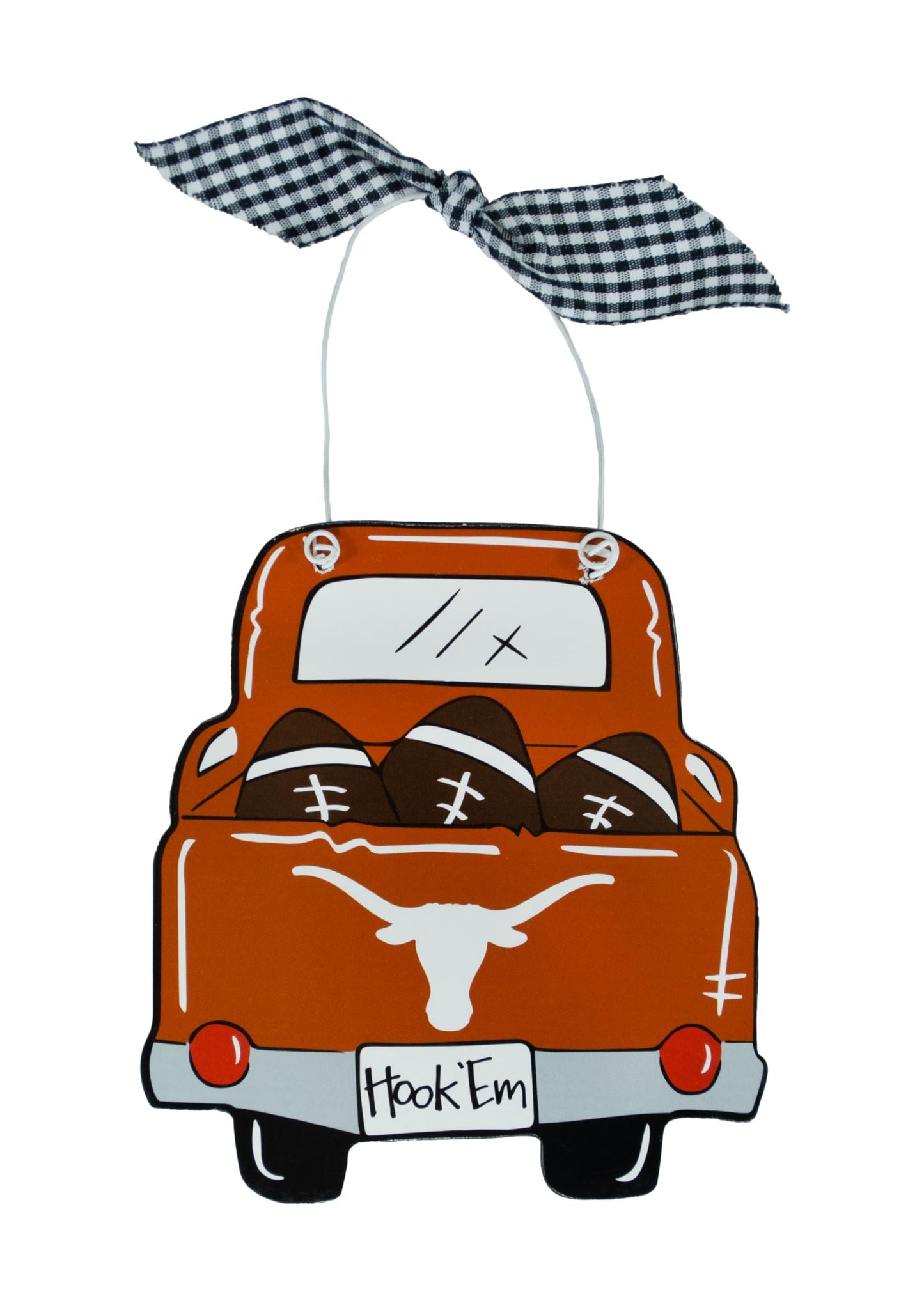 NCAA Wooden Ornament - Pick-up Truck, Footballs & Team Logo Design w/Plaid Ribbon by Magnolia Lane for NCAA Fans, Students or Alumni - Home Decor
