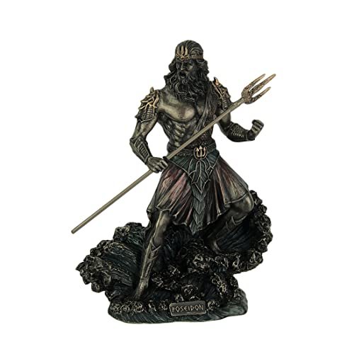 Veronese Design 8" Tall Poseidon Ruler of The Sea Holding Trident Standing On Wave Cold Cast Resin Statue Antique Bronze Finish Sculpture