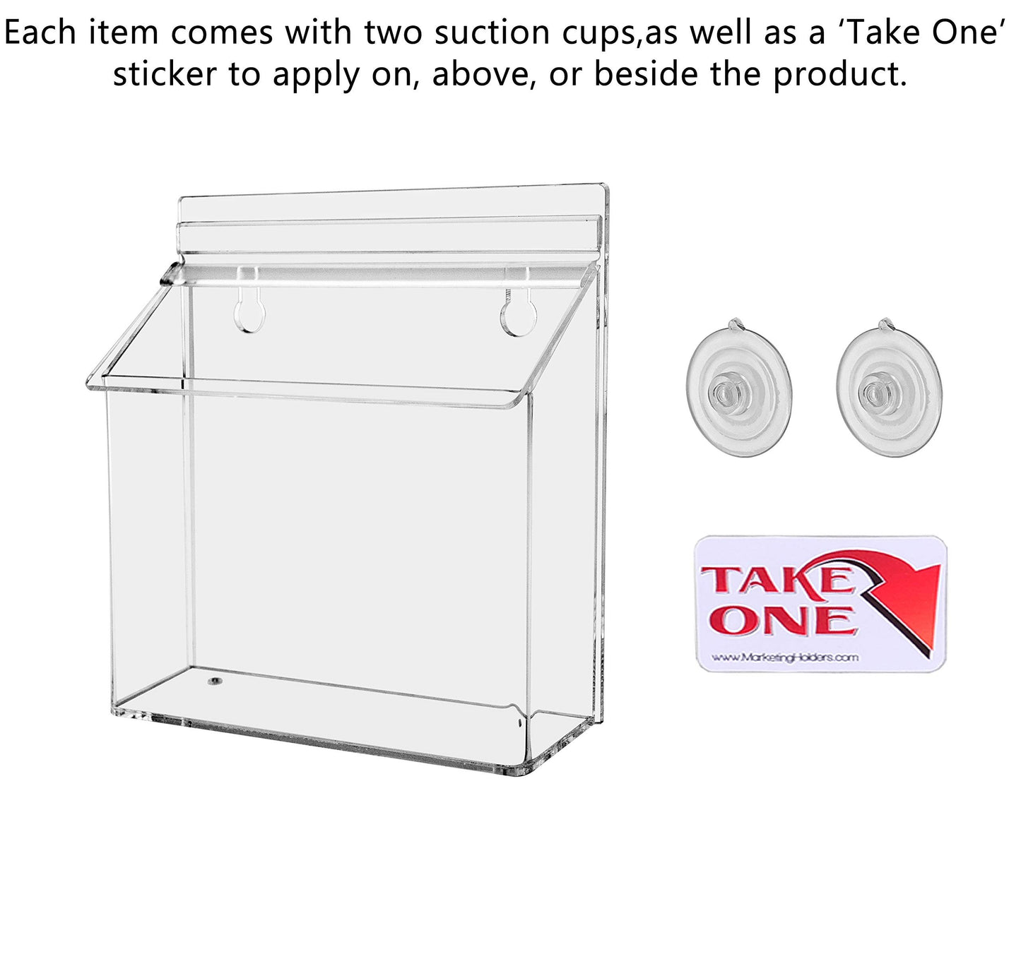 Marketing Holders Suction Cup Outdoor Brochure Holder Holds 7.5" x 5.5" Postcards and Handouts Window or Glass Wall Includes Take One Sticker Clear Acrylic Advertisement Box